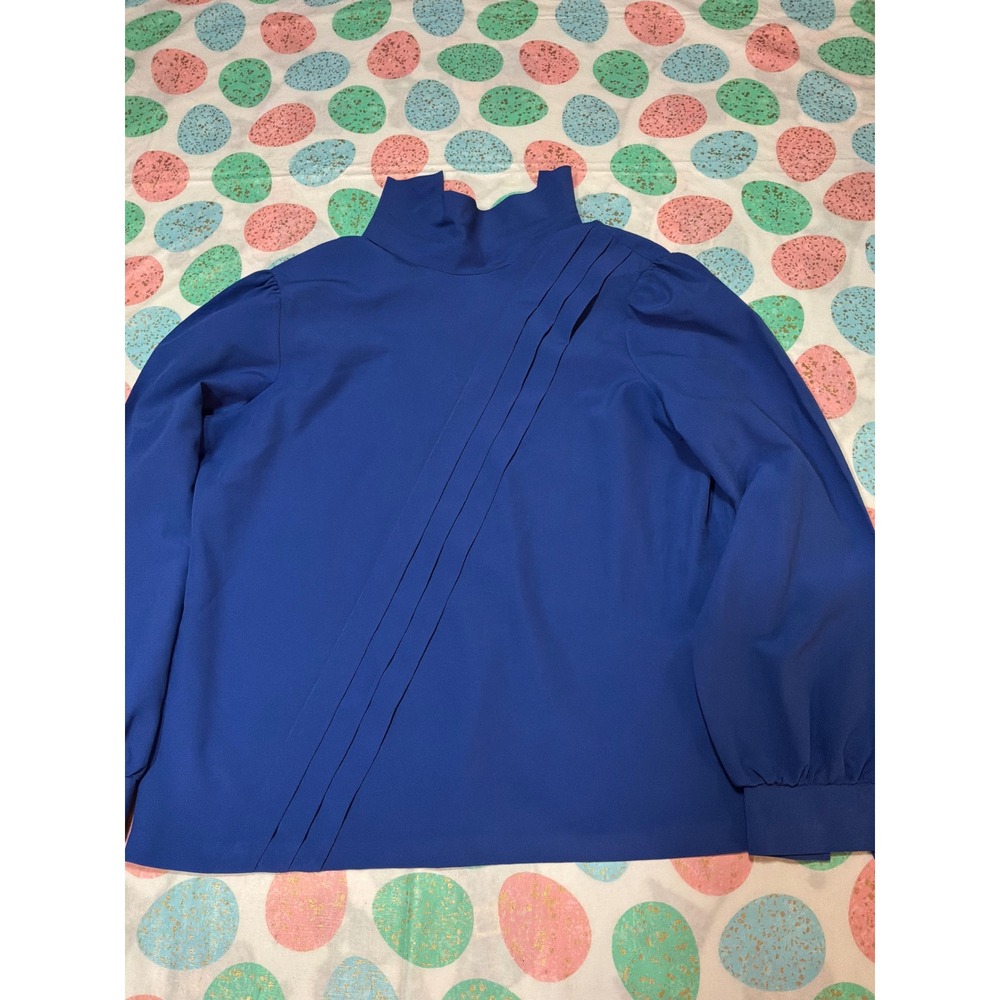 Vintage Lee Mar Pageant Royal Blue Mock Neck Pleated Blouse‎ Long Sleeve Top